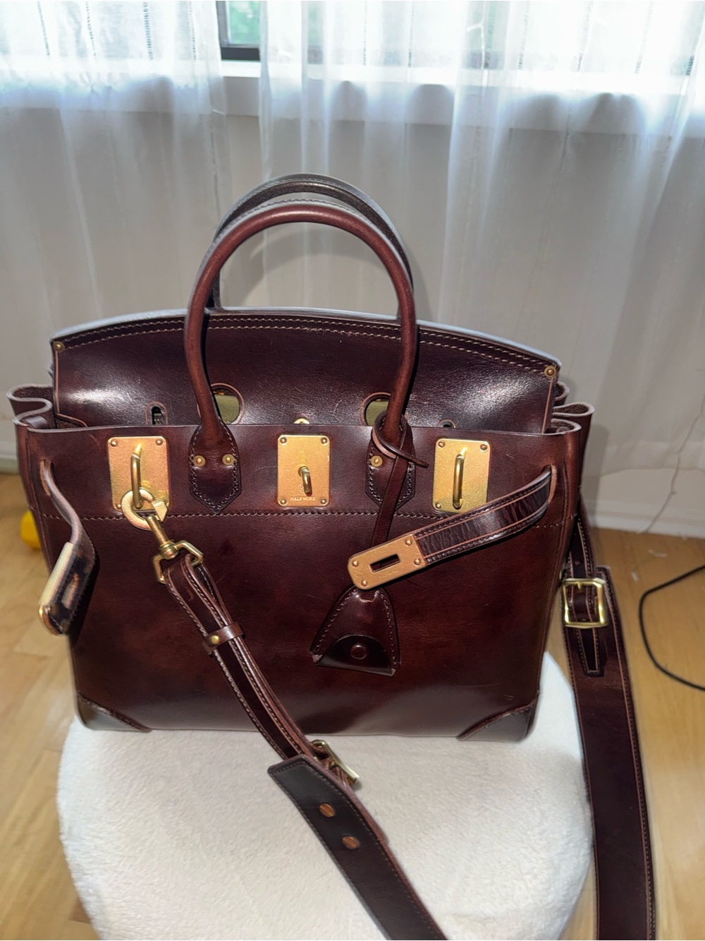 Atorie Structured Dark Brown Leather Satchel with Gold Hardware